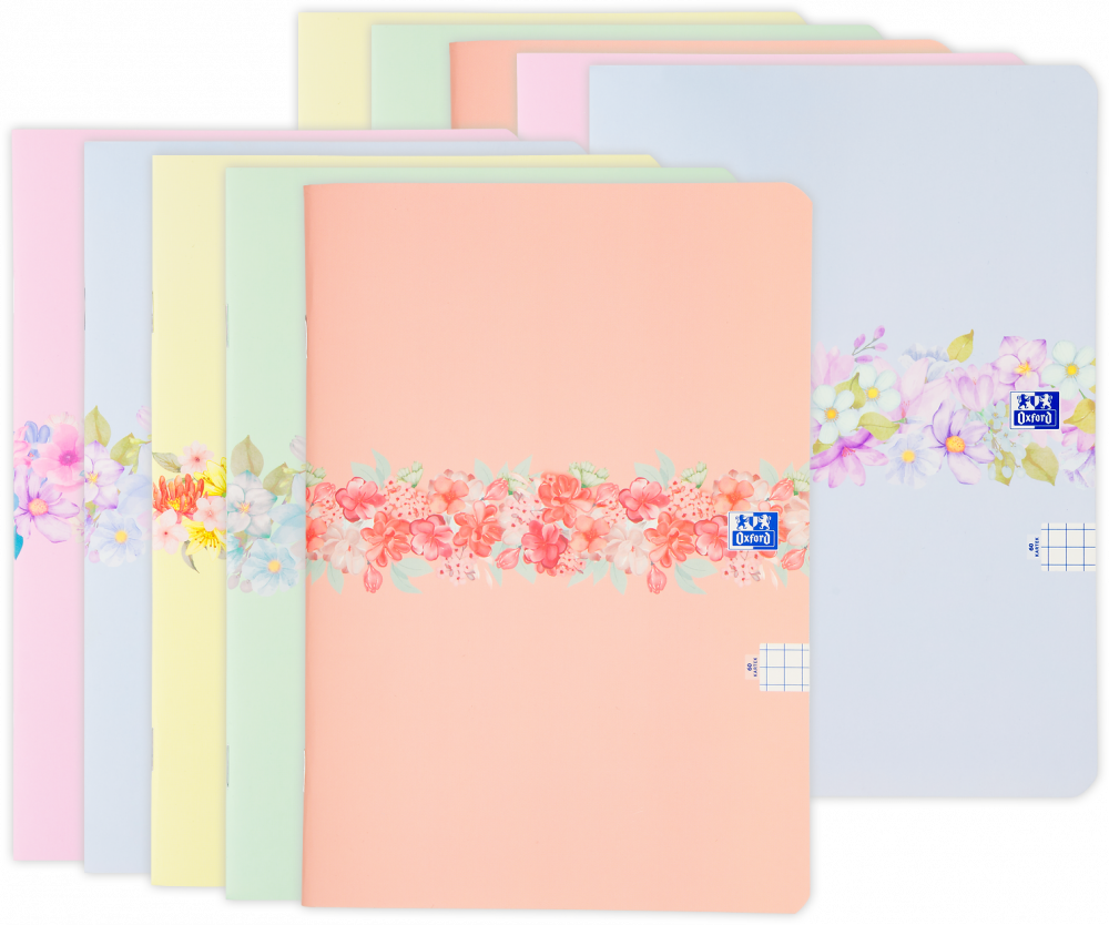 10x Zeszyt w kratkę Oxford Flowers, A4, miękka oprawa, 60 kartek, mix wzorów