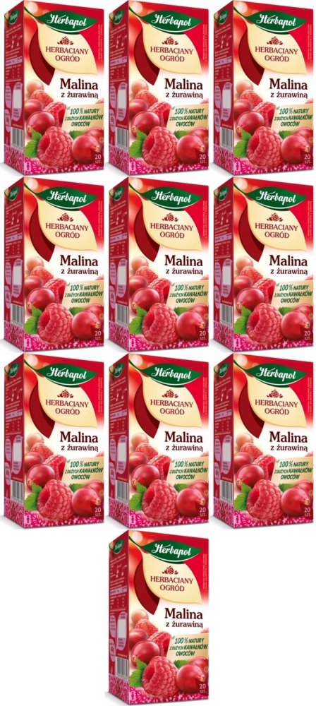 10x Herbata owocowa w torebkach Herbapol Herbaciany Ogród, malina i żurawina, 20 sztuk x 3g
