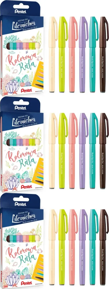 3x Pisaki pędzelkowe do kaligrafii i liternictwa Pentel Brush Sign Pen SES15C Kolorowa Rafa, 6 sztuk, mix kolorów