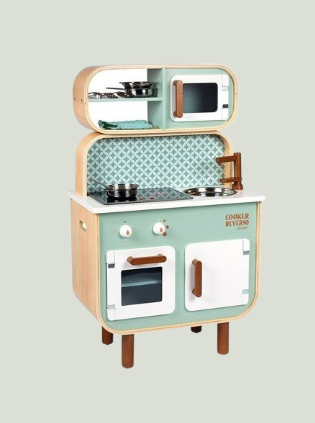 Dwustronna drewniana kuchnia z pralką 2w1, z dźwiękiem, światłem LED i 8 akcesoriami JANOD