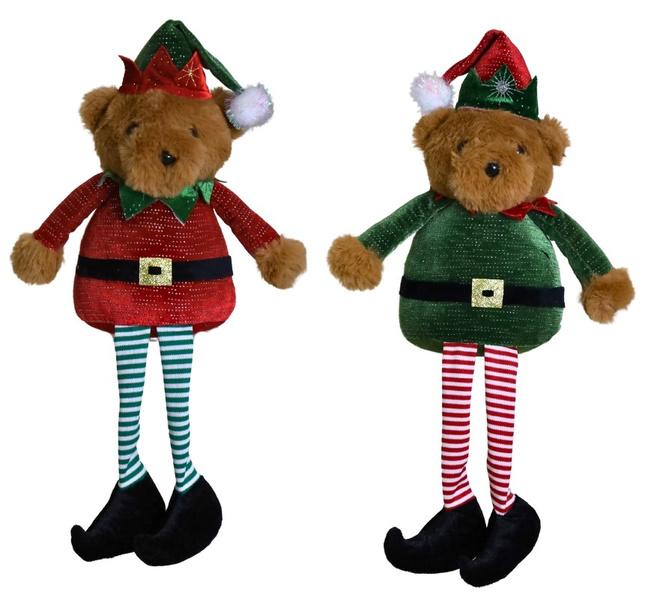 Miś pluszowy zwisające nogi, czapka elfa czerwony/ zielony 18cm