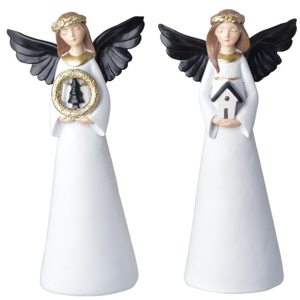 Anioł ceramiczny biała suknia, czarne skrzydła 2wzory 21cm