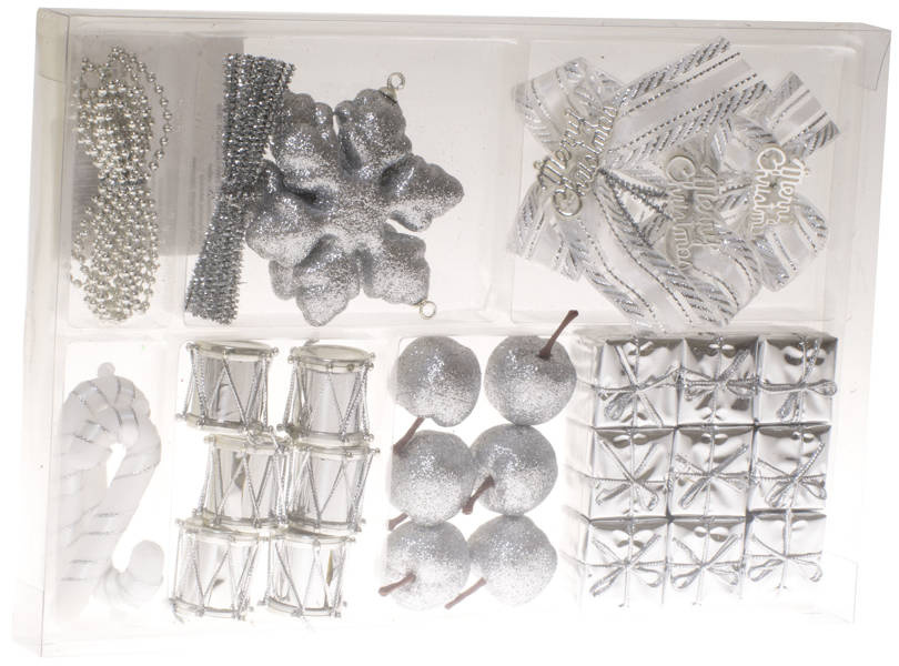 Zestaw dekoracji świątecznych srebrny 35 sztuk
