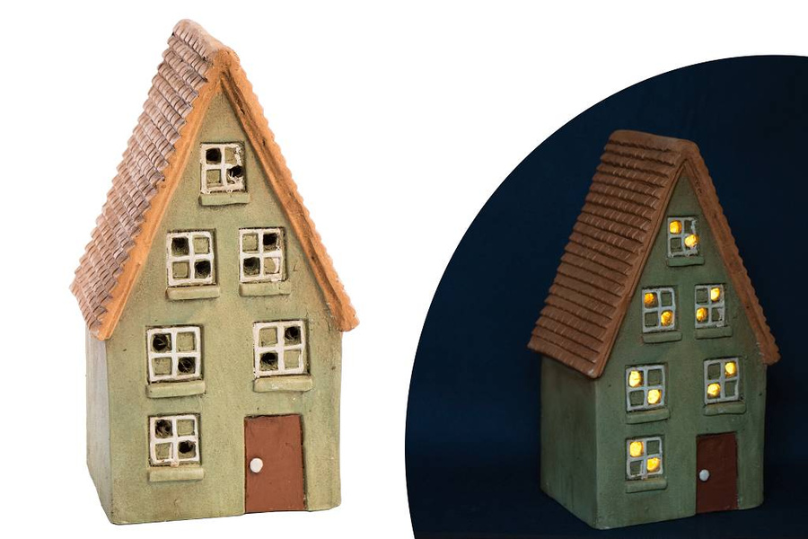 Domek ceramiczny zielony 3-piętra brąz dach i drzwi