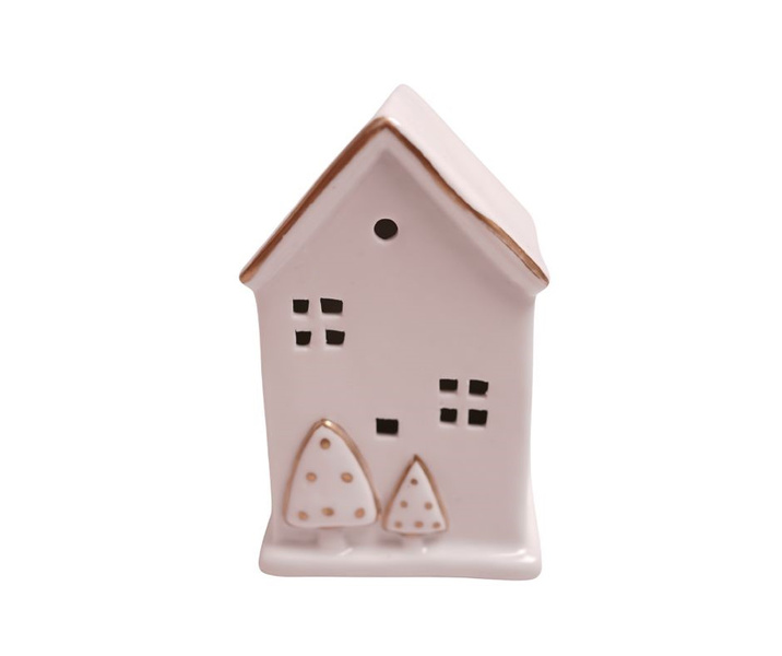 Domek LED biały, złote choinki 12 cm