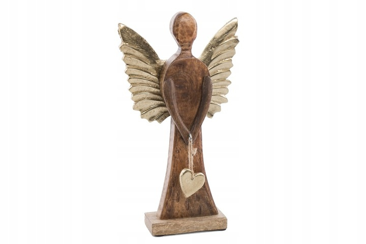 Anioł drewniany brązowy płaski złote metalowe skrzydła 32cm