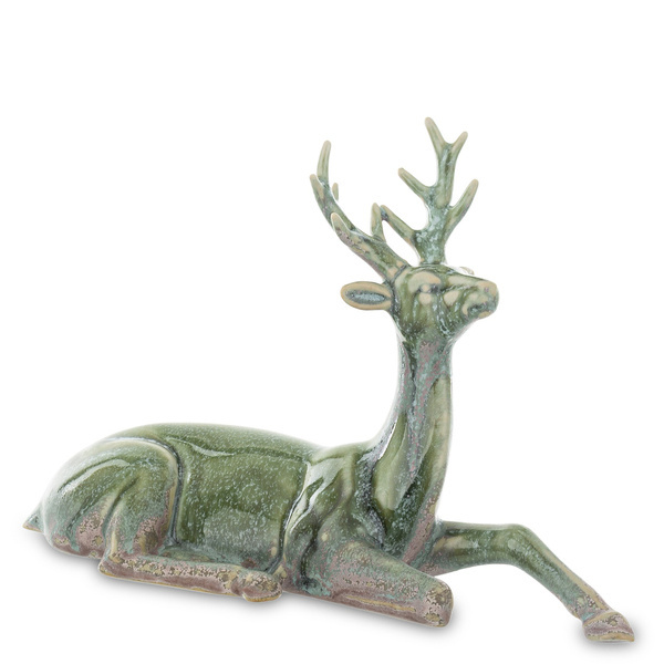 Jeleń ceramiczny zielono-brązowy leżący 14x20cm