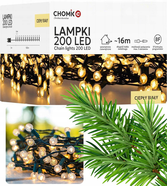 Lampki zewnętrzne/wewnętrzna 200 LED kulki ciepły biały 16 + 3m zasilania