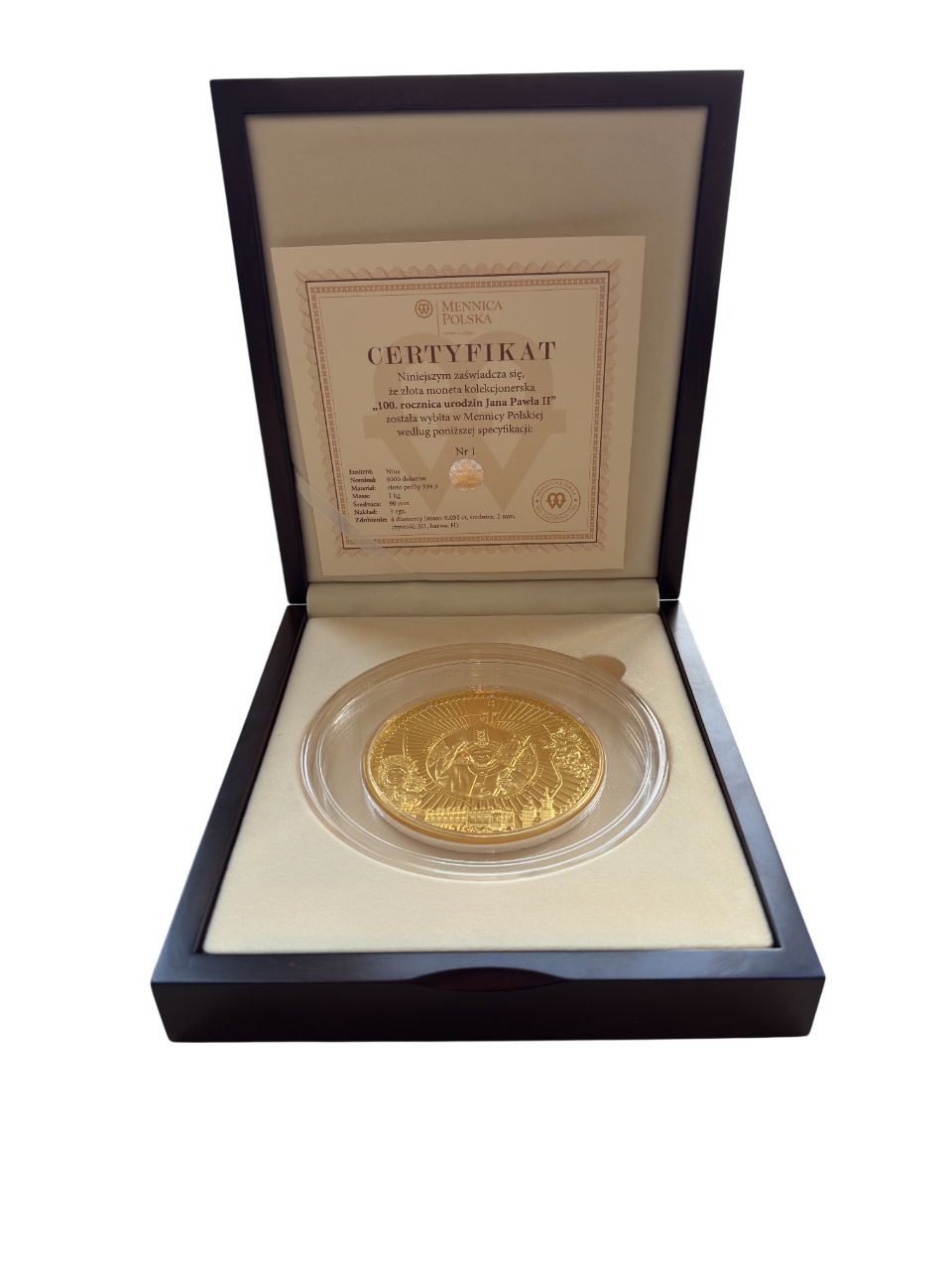 Złota moneta 100. rocznica urodzin Jana Pawła 2 1000 g (1 kg) - wysyłka 24 h! - Mennica Skarbowa