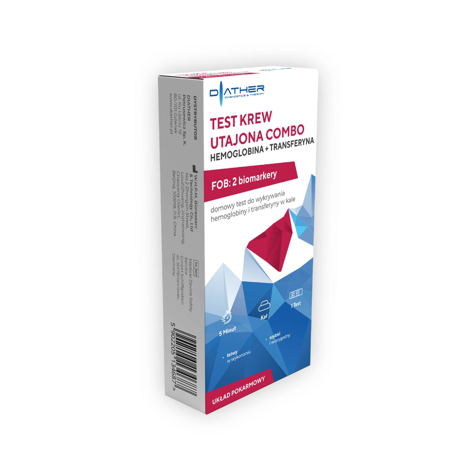 Diather - domowy test krew utajona combo hemoglobina+transferyna, 1 sztuka
