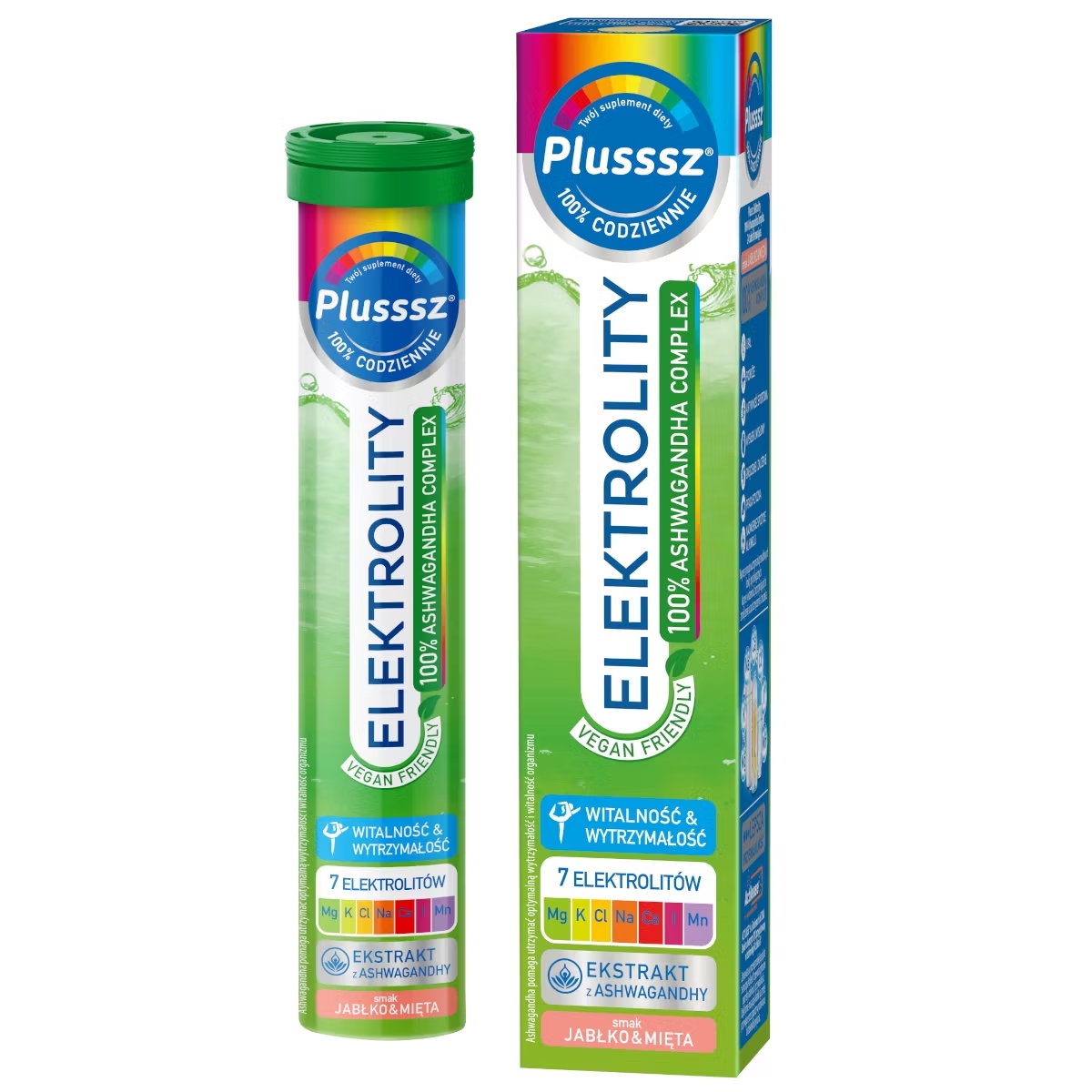 Plusssz elektrolity + ashwagandha complex, jabłko-mięta, 24 tabletki musujące