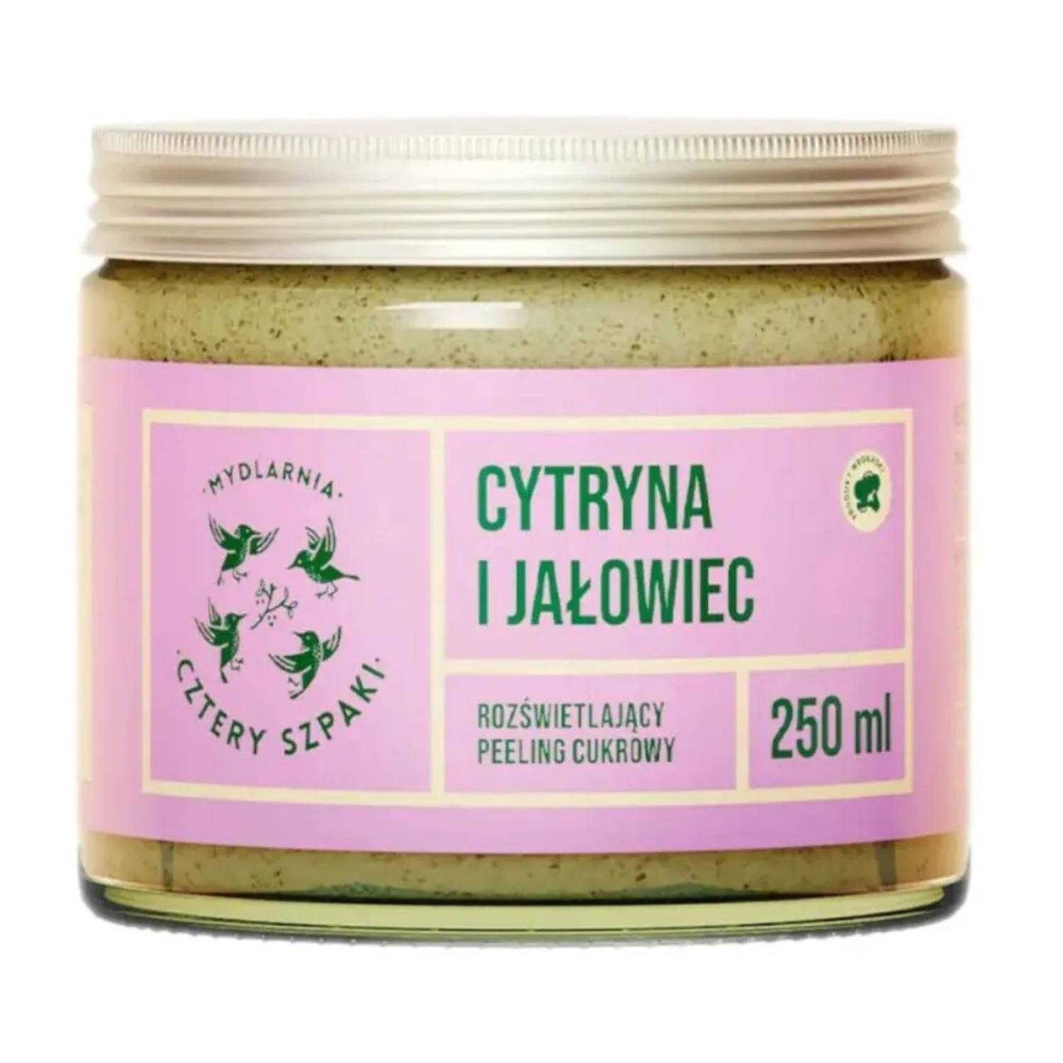 Cztery szpaki - rozświetlający peeling cukrowy, cytryna i jałowiec, 250 ml (data ważności: 29.04.2026)