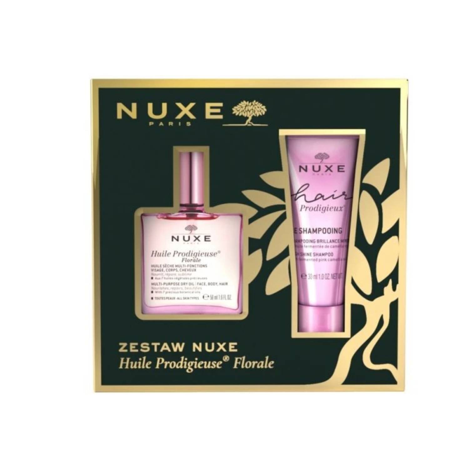 Nuxe - huile prodigieuse florale suchy olejek + hair prodigieux szampon wygładzający, 1 zestaw
