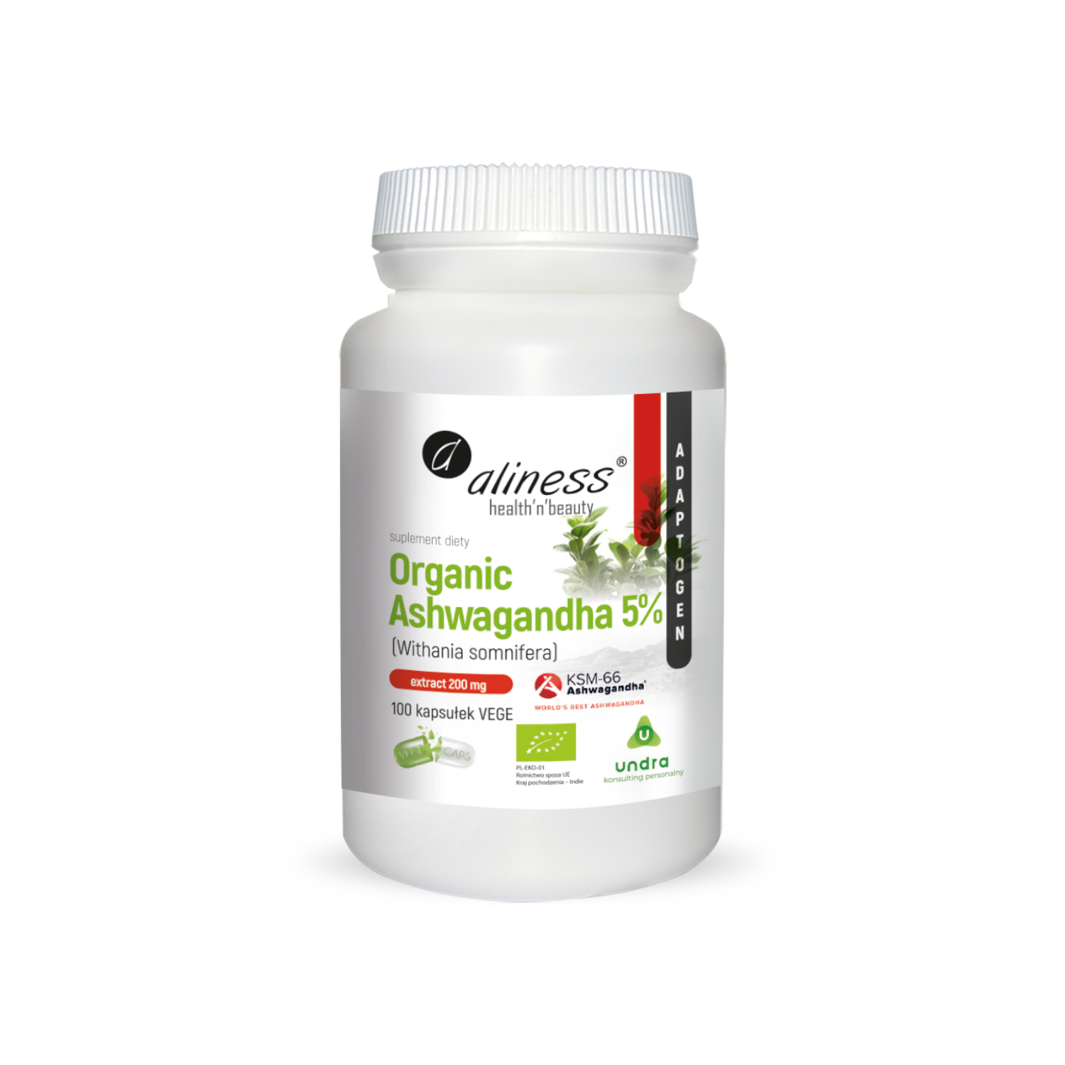 Aliness, organic ashwagandha 5%, 100 kapsułek