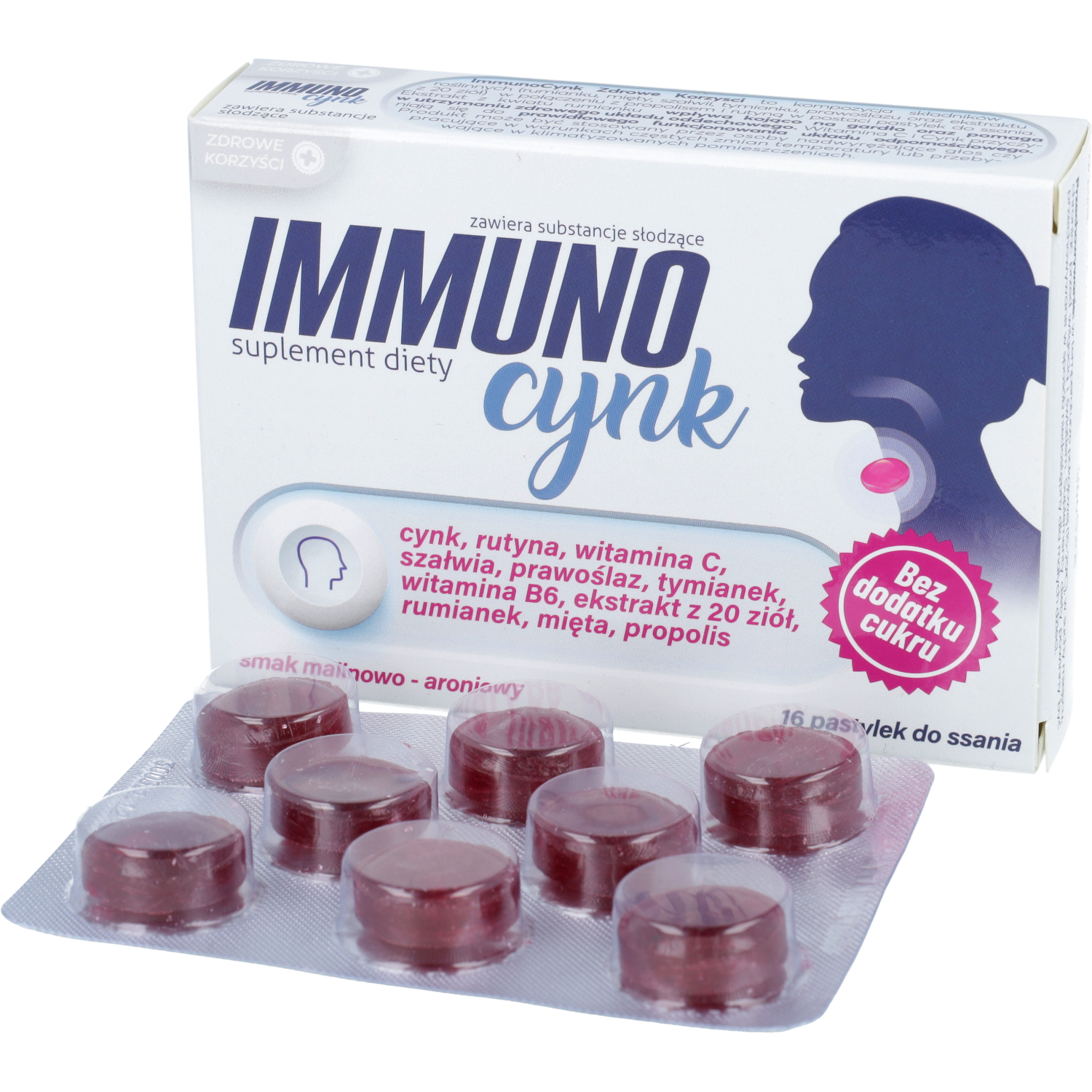 Zdrowe korzyści immuno cynk, 16 pastylek do ssania