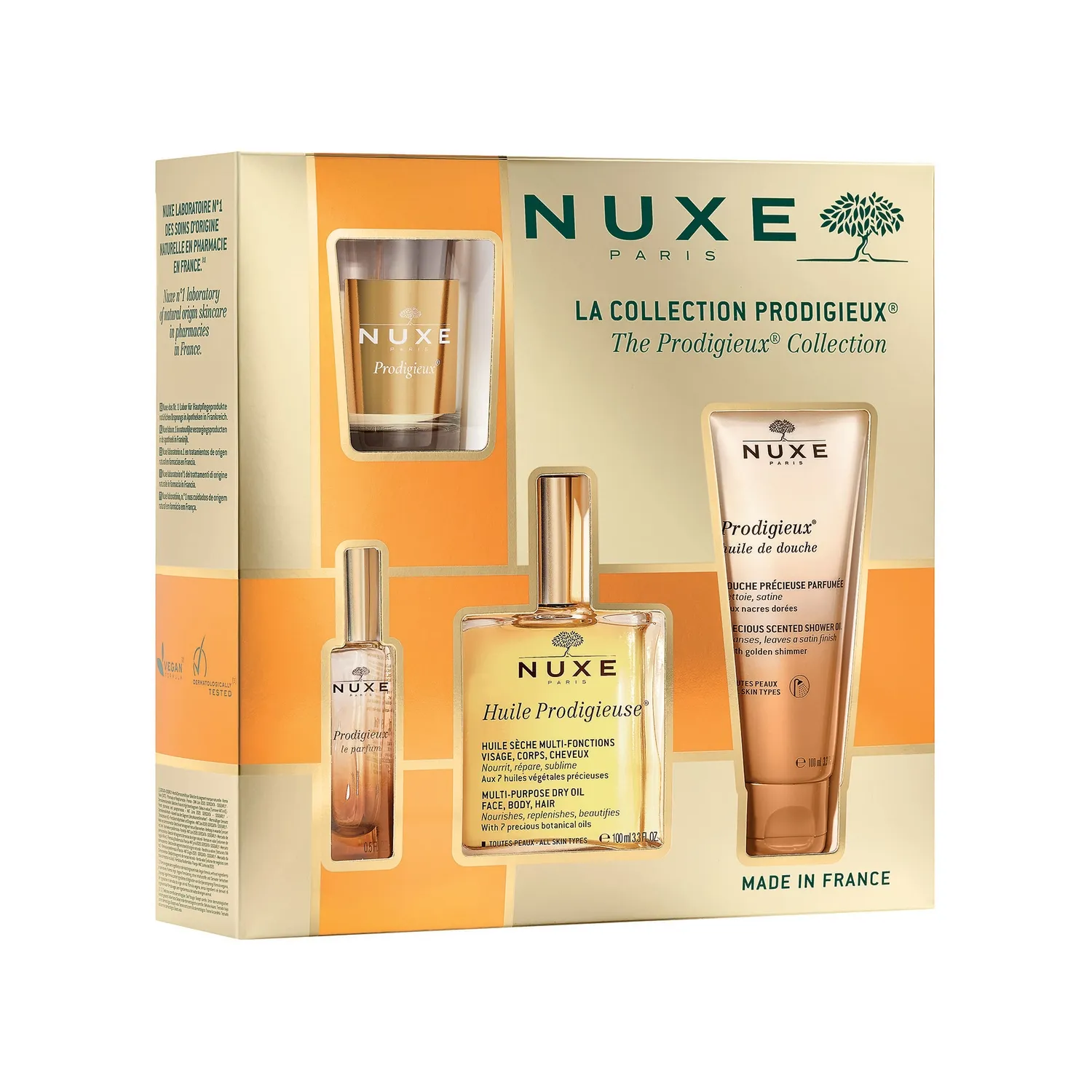 Nuxe prodigieuse - suchy olejek, 100 ml + perfumy, 15 ml + olejek pod prysznic, 100 ml + świeca zapachowa, 70 g, 1 zestaw