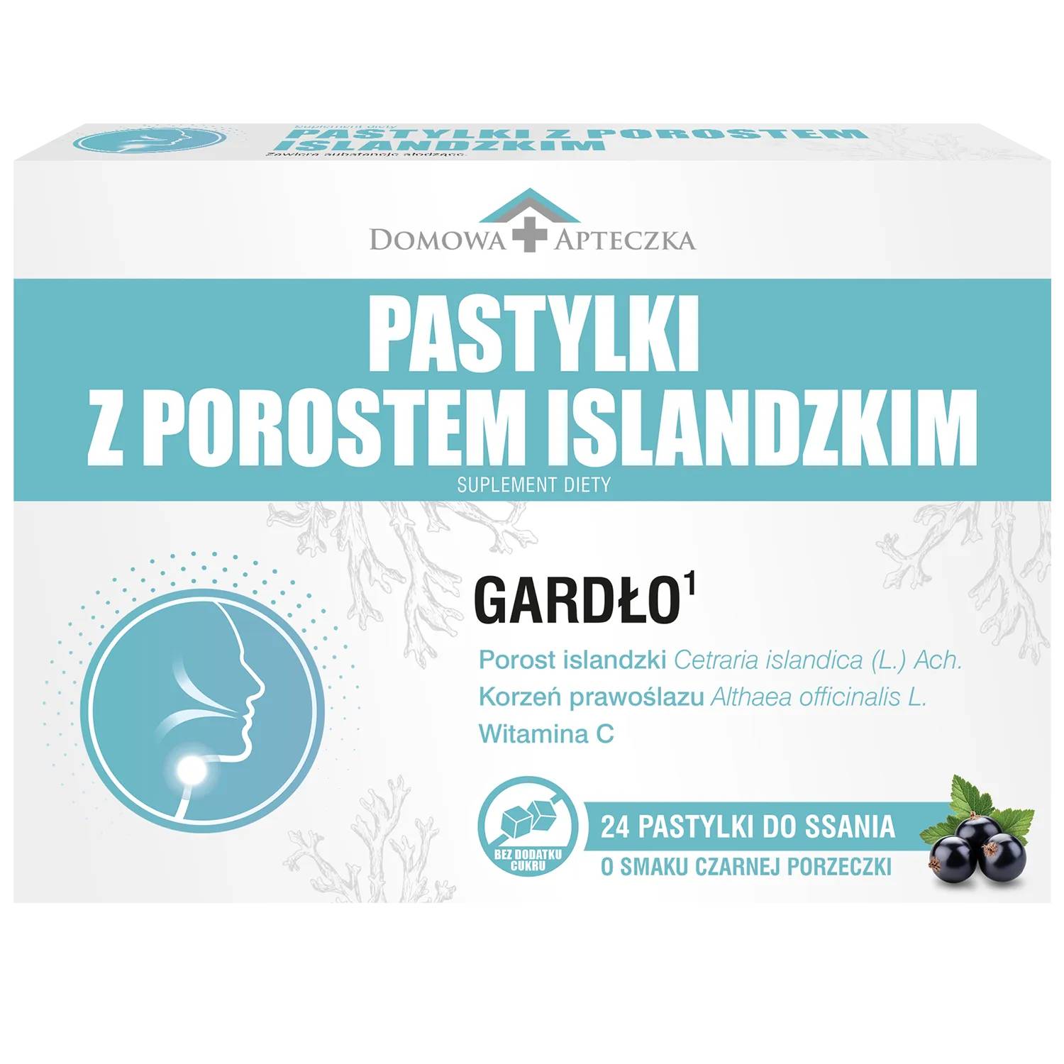 Domowa apteczka pastylki z porostem islandzkim, smak czarnej porzeczki, 24 pastylek do ssania
