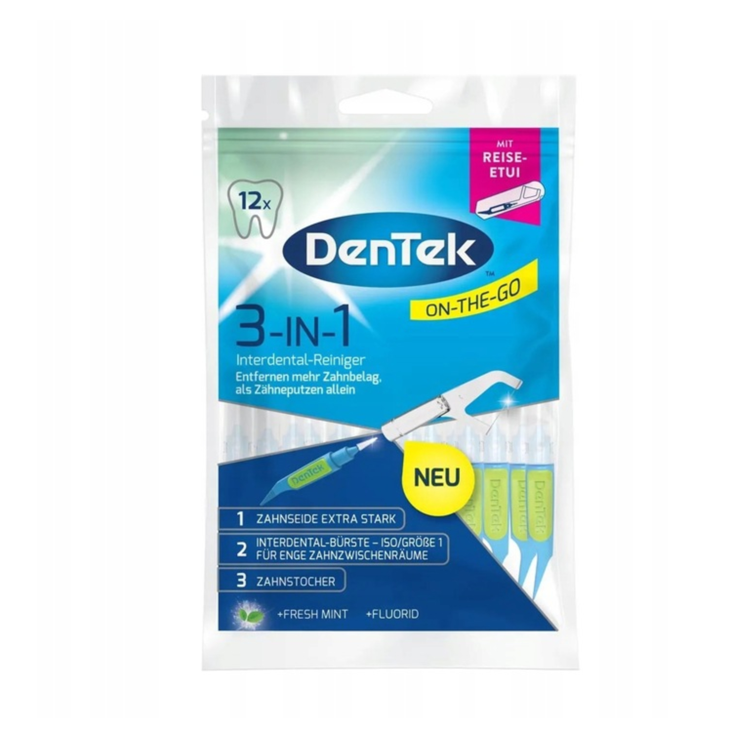 Dentek cleaner 3w1, niciowykałaczki + szczoteczki, 12 sztuk
