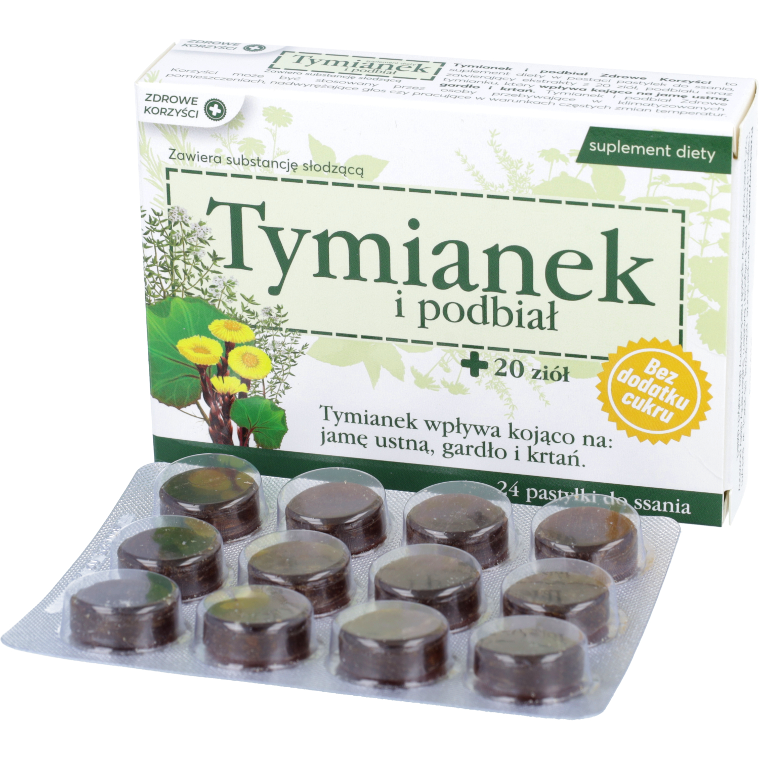 Zdrowe korzyści tymianek i podbiał + 20 ziół, 24 pastylki do ssania