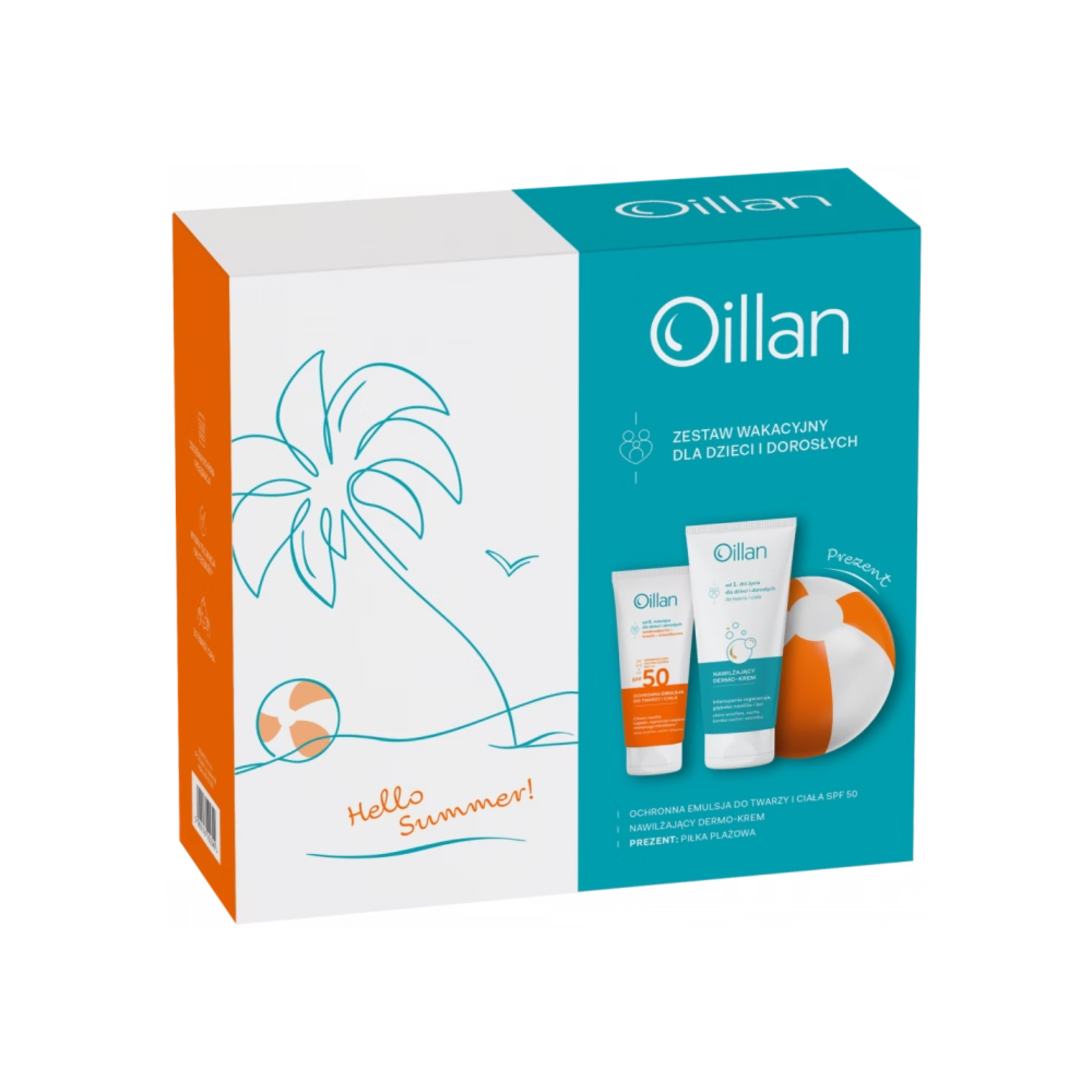 Oillan - sun zestaw wakacyjny: emulsja do twarzy i ciała z filtrem spf50 (100 ml) + dermo-krem (200 ml) + piłka plażowa, 1 zestaw