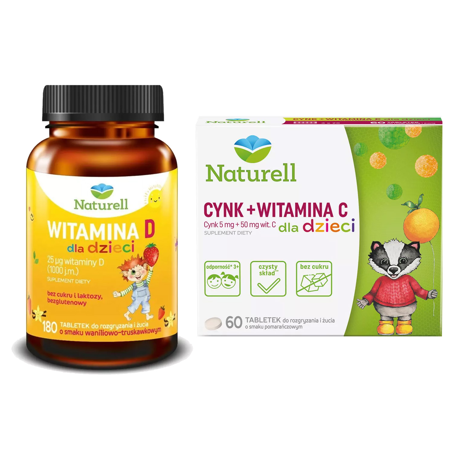 Zestaw: naturell cynk + witamina c, dla dzieci, 60 tabletek do żucia + naturell, witamina d dla dzieci, 180 tabletek