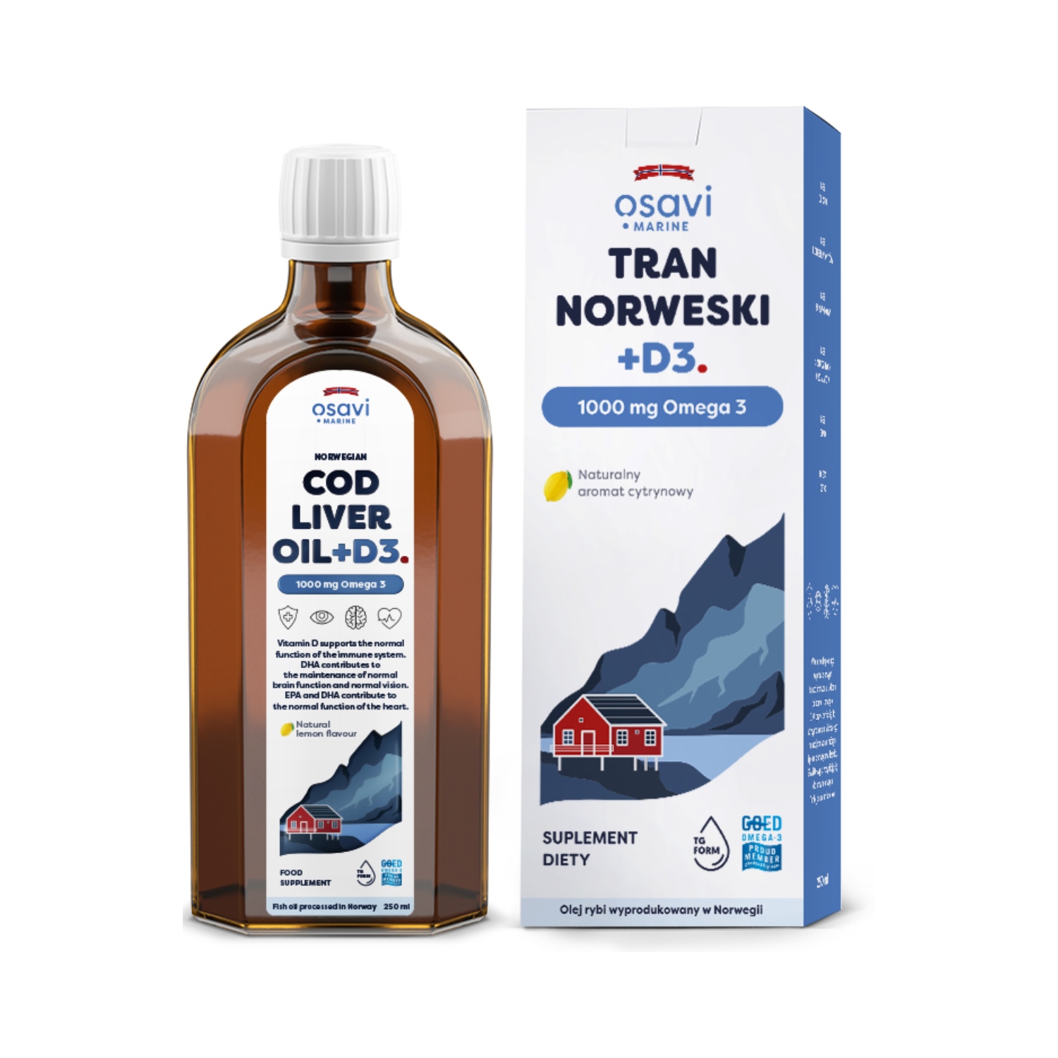Osavi tran norweski + d3, omega 3 1000 mg, aromat cytrynowy, 250 ml