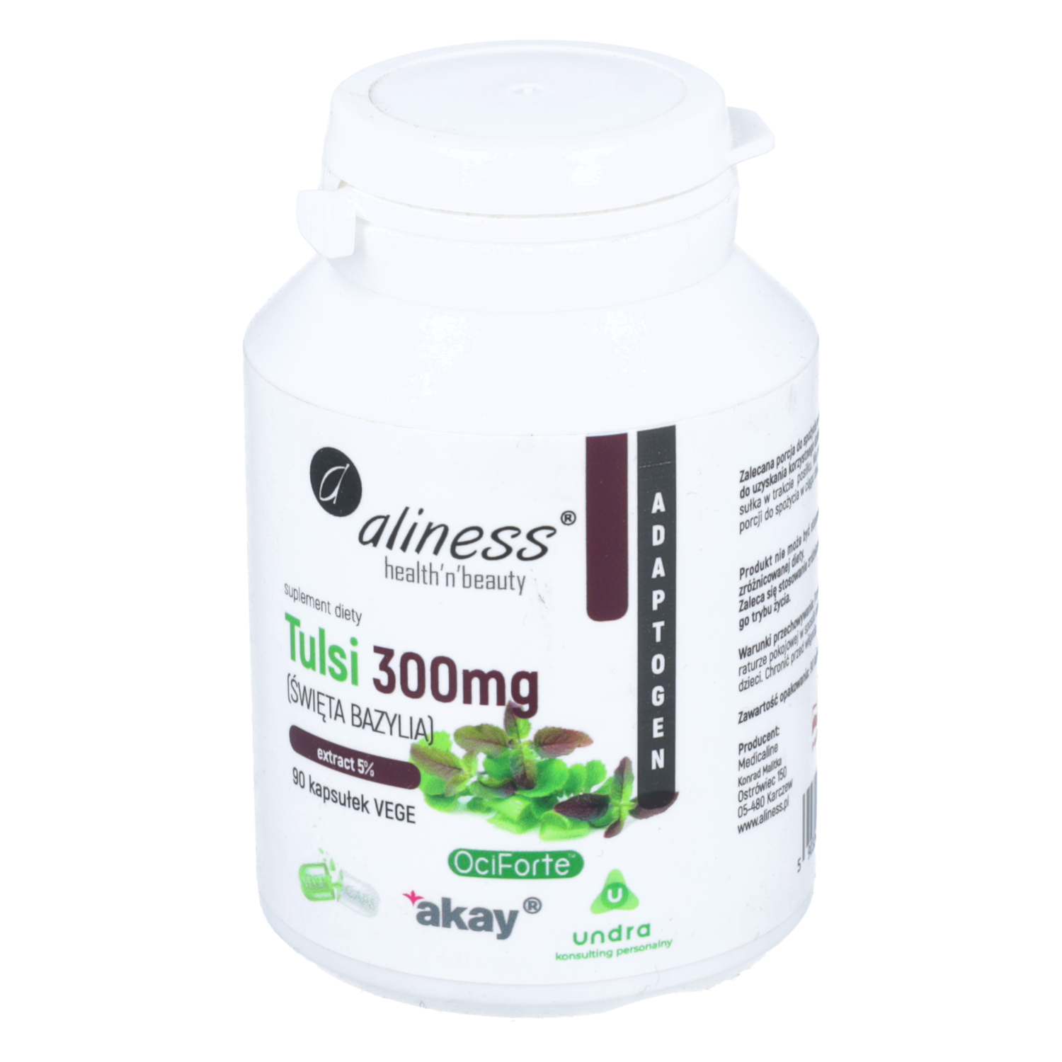 Aliness - tulsi, święta bazylia, extract 5% 300 mg, 90 kapsułek