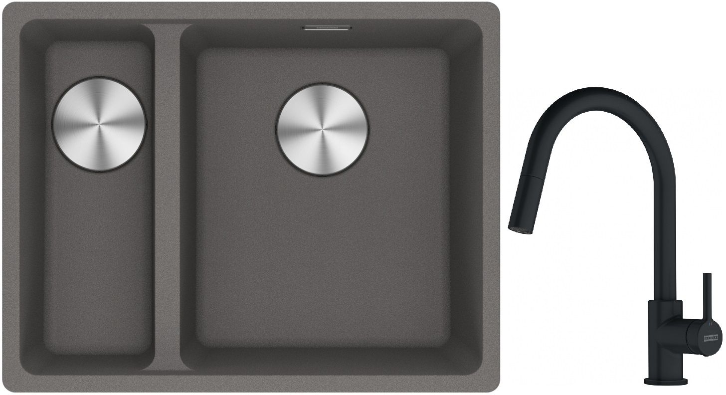 Franke Maris MRG 160-34-15SBL zlewozmywak 52x40 cm Fragranite kamienny szary z baterią kuchenną Lina czarny mat (1250687270, 1150626053)