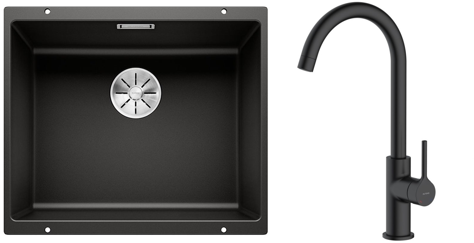Zestaw Blanco Subline 500-U zlewozmywak granitowy 50x40 cm z baterią kuchenną Oltens Skafta czarny mat (35206300, 525995) - Wysyłka w 24h