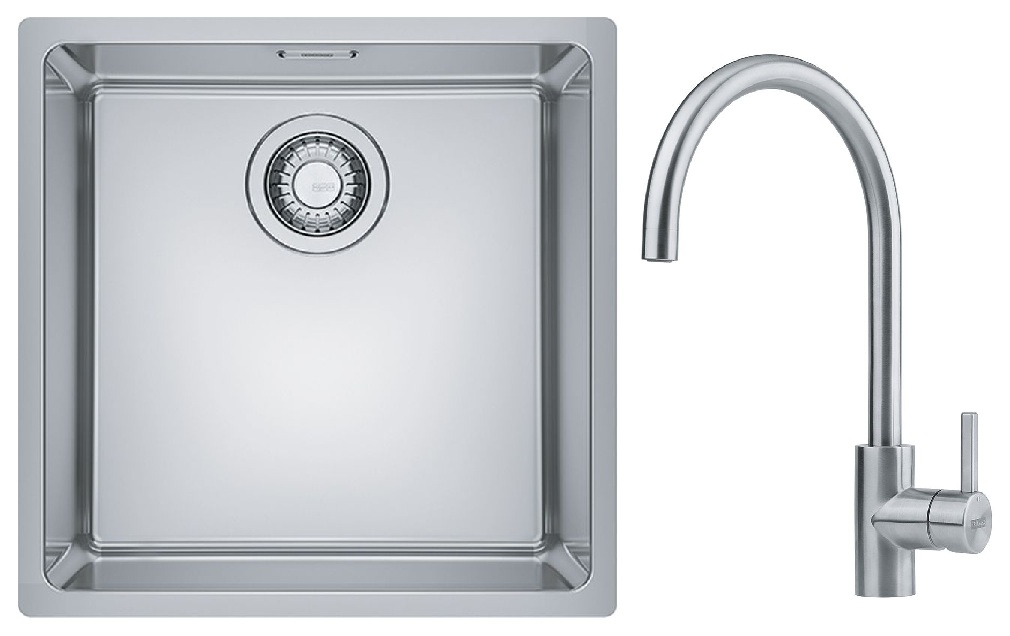 Zestaw Franke Maris zlewozmywak stalowy 40x40 cm z baterią kuchenną Eos Neo stal szczotkowana/ stal szlachetna (1220543995, 1150590044)