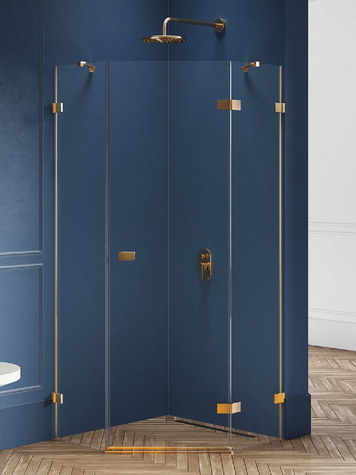 New Trendy Avexa Gold Brushed kabina prysznicowa 80x80 cm pięciokątna prawa złoty szczotkowany/szkło przezroczyste EXK-3852