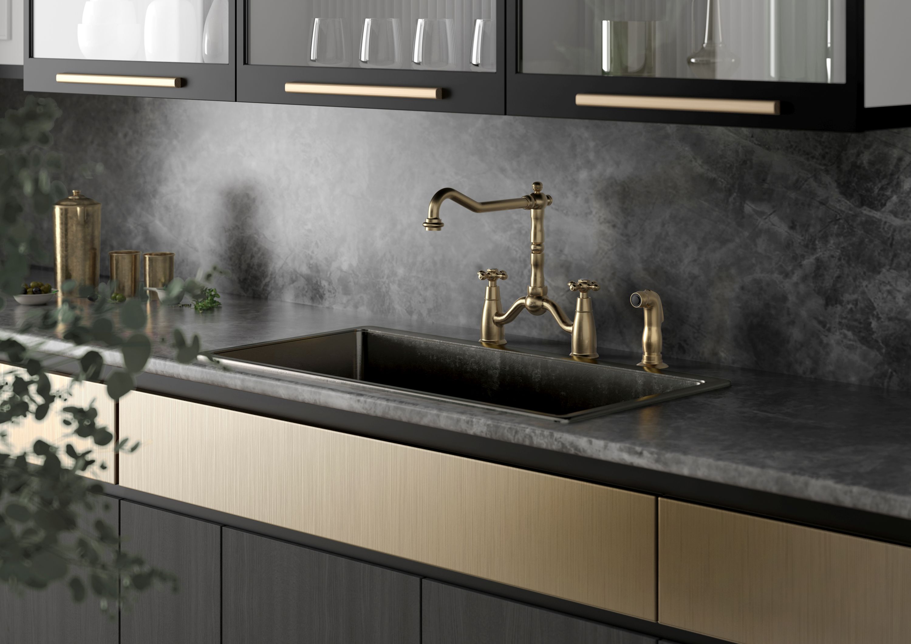 FDesign Lacrima bateria kuchenna stojąca 3-otworowa z wyciąganą oddzielną wylewką stary brąz FD1-LRA-8-66