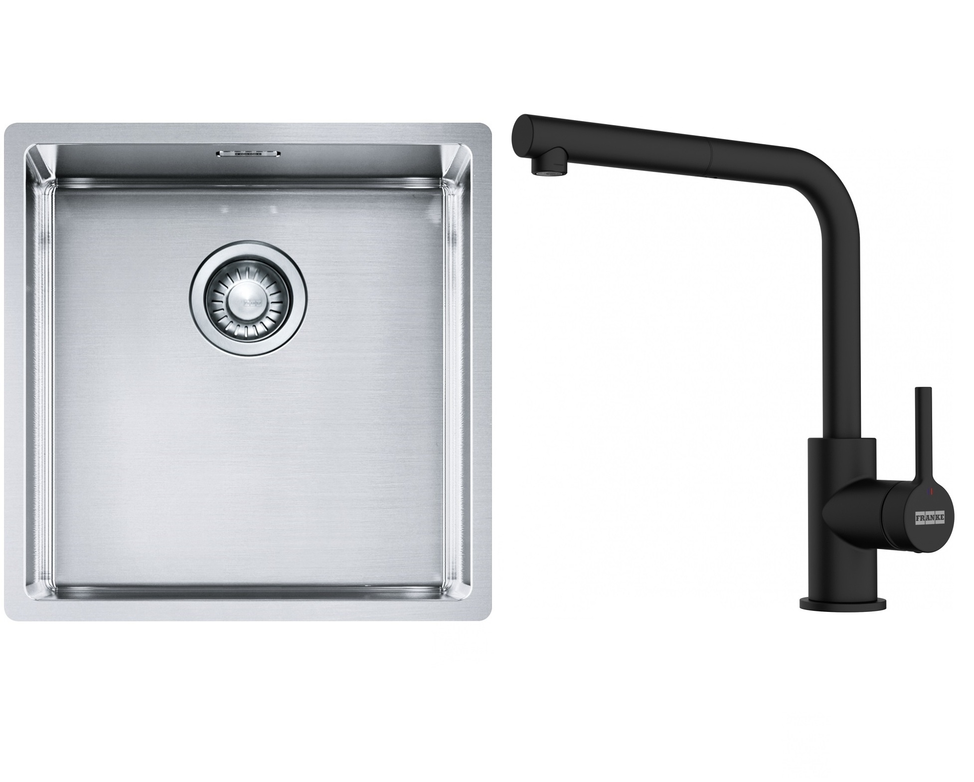Franke Box BXX 210/110-40 zlewozmywak 45x44 cm stalowy z baterią kuchenną Lina czarny mat (1270453654, 1150712435)