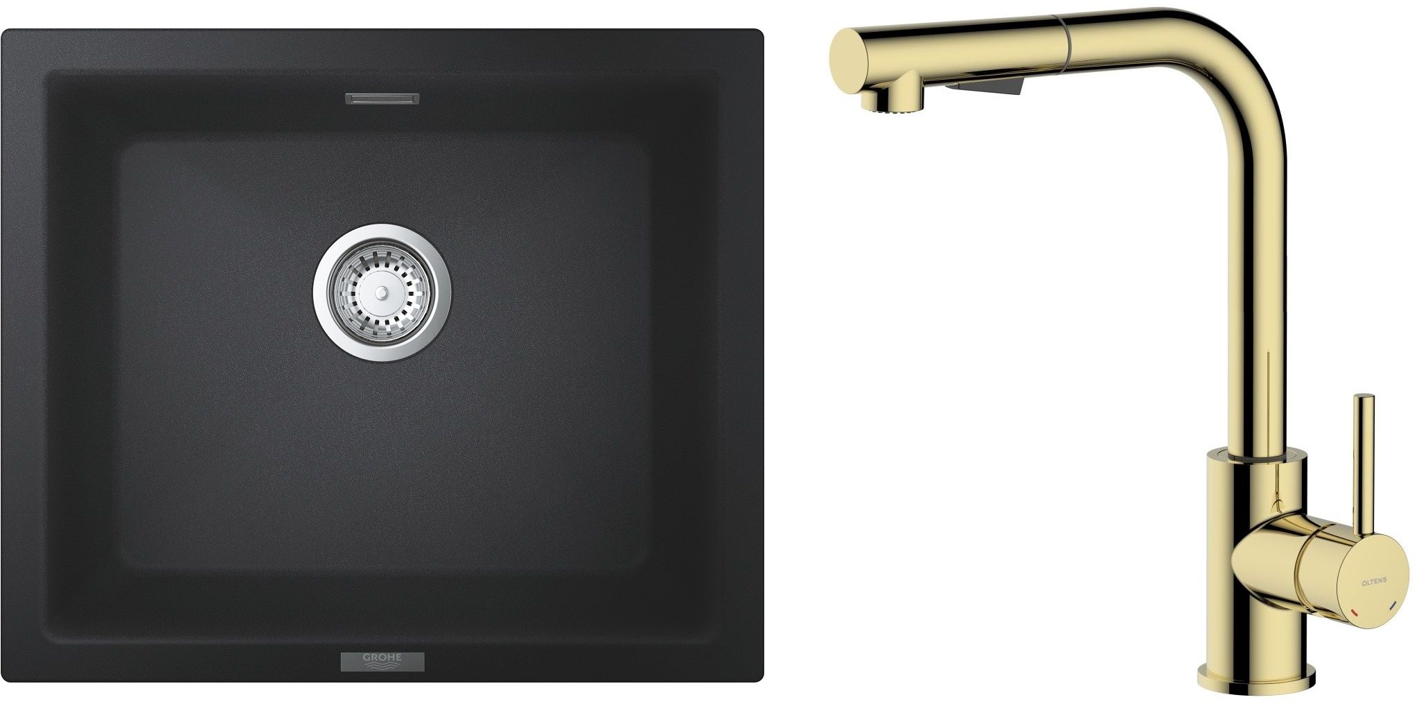 Zestaw Grohe K700U zlewozmywak granitowy 53,3x45,7 cm z baterią kuchenną Oltens Myvat czarny granit/złoty połysk (31654AP0, 35205800) - Wysyłka w 24h
