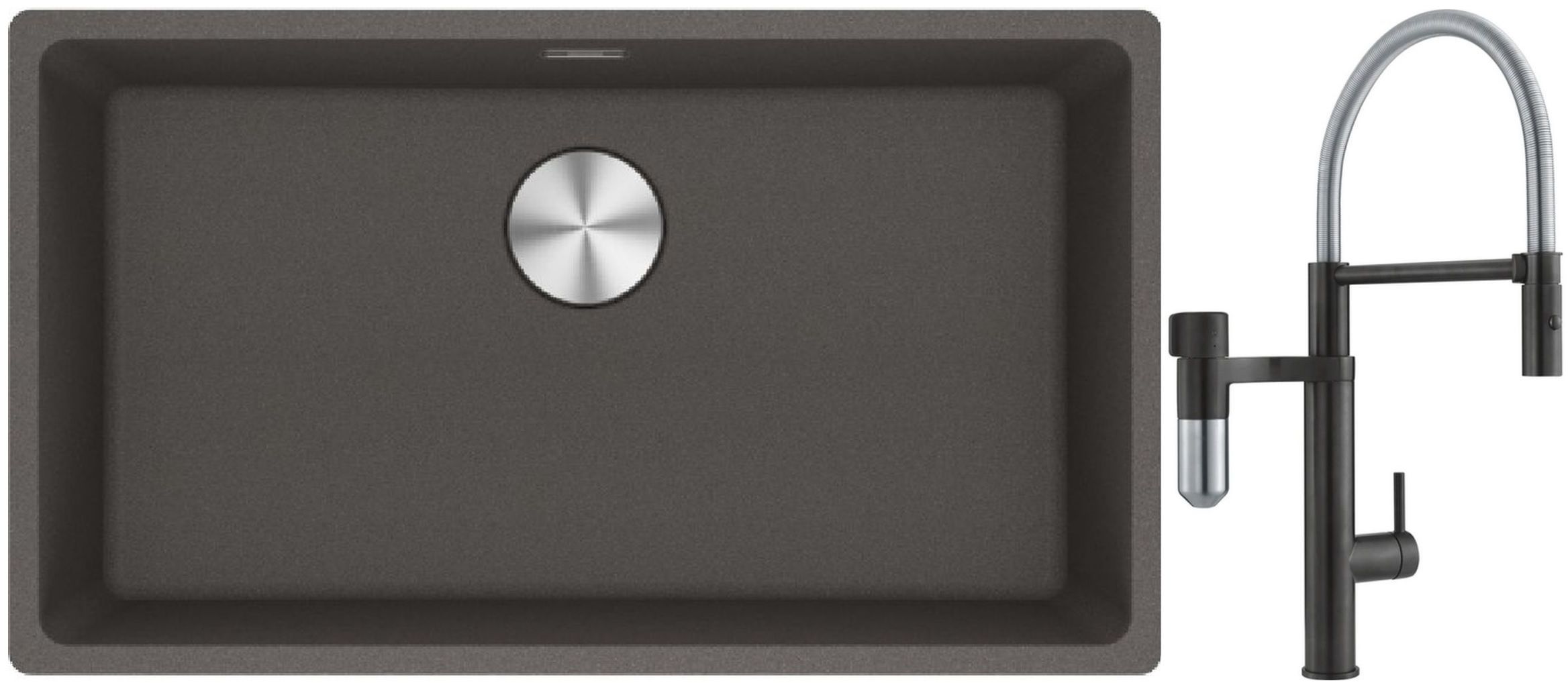 Franke Maris MRG 110-72 zlewozmywak granitowy 75,3x43,3 cm szary/grafitowy/onyx z baterią kuchenną Vital Semi-Pro czarny mat/stal ...