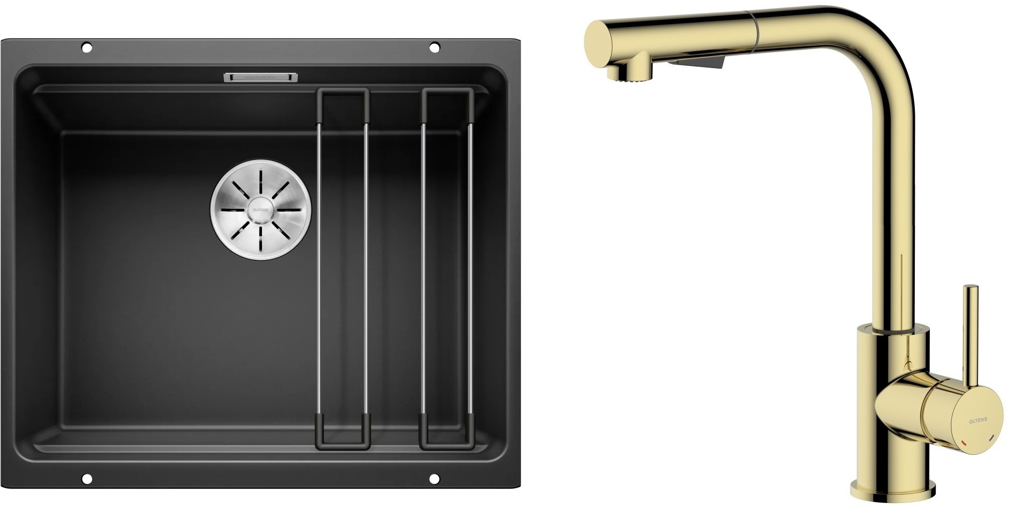 Zestaw Blanco Etagon 500-U zlewozmywak granitowy 53x46 cm z baterią kuchenną Oltens Myvat czarny mat/złoty połysk (35205800, 525887) - Wysyłka w 24h