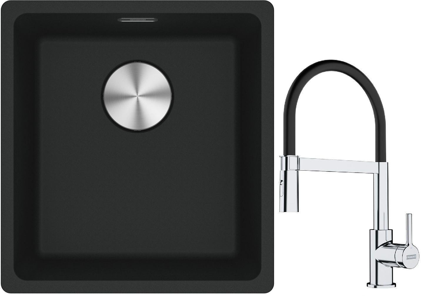 Franke Maris MRG 110-37 zlewozmywak 40x37 cm Fragranite czarny mat z baterią kuchenną Lina chrom/czarny (1250687248, 1150626085)
