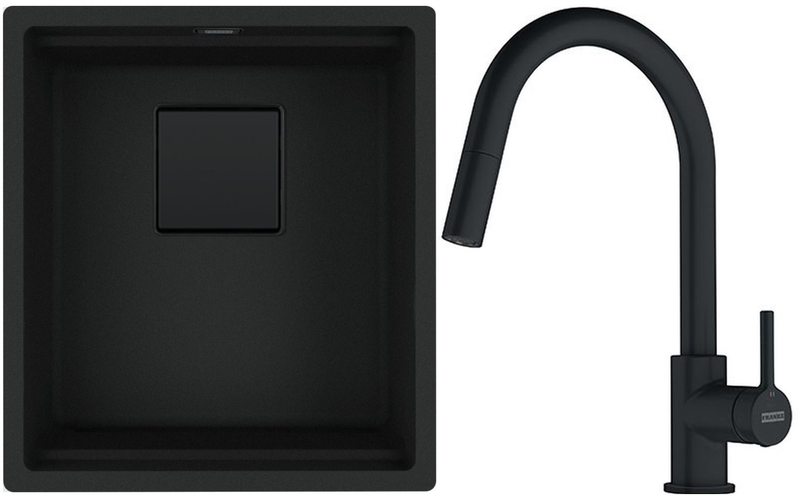 Franke Kanon KNG 110-37 zlewozmywak granitowy 46x41 cm czarny mat z baterią kuchenną Lina Pull-Out czarny mat (1250721149, 1150626053)