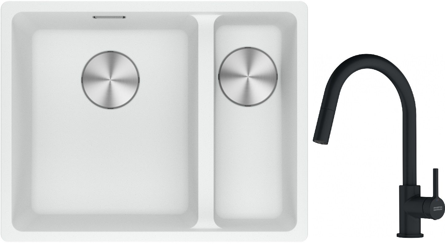 Franke Maris MRG 160-34-15SBR zlewozmywak 52x40 cm Fragranite biały polarny z baterią kuchenną Lina czarny mat (1250687267, 1150626053)