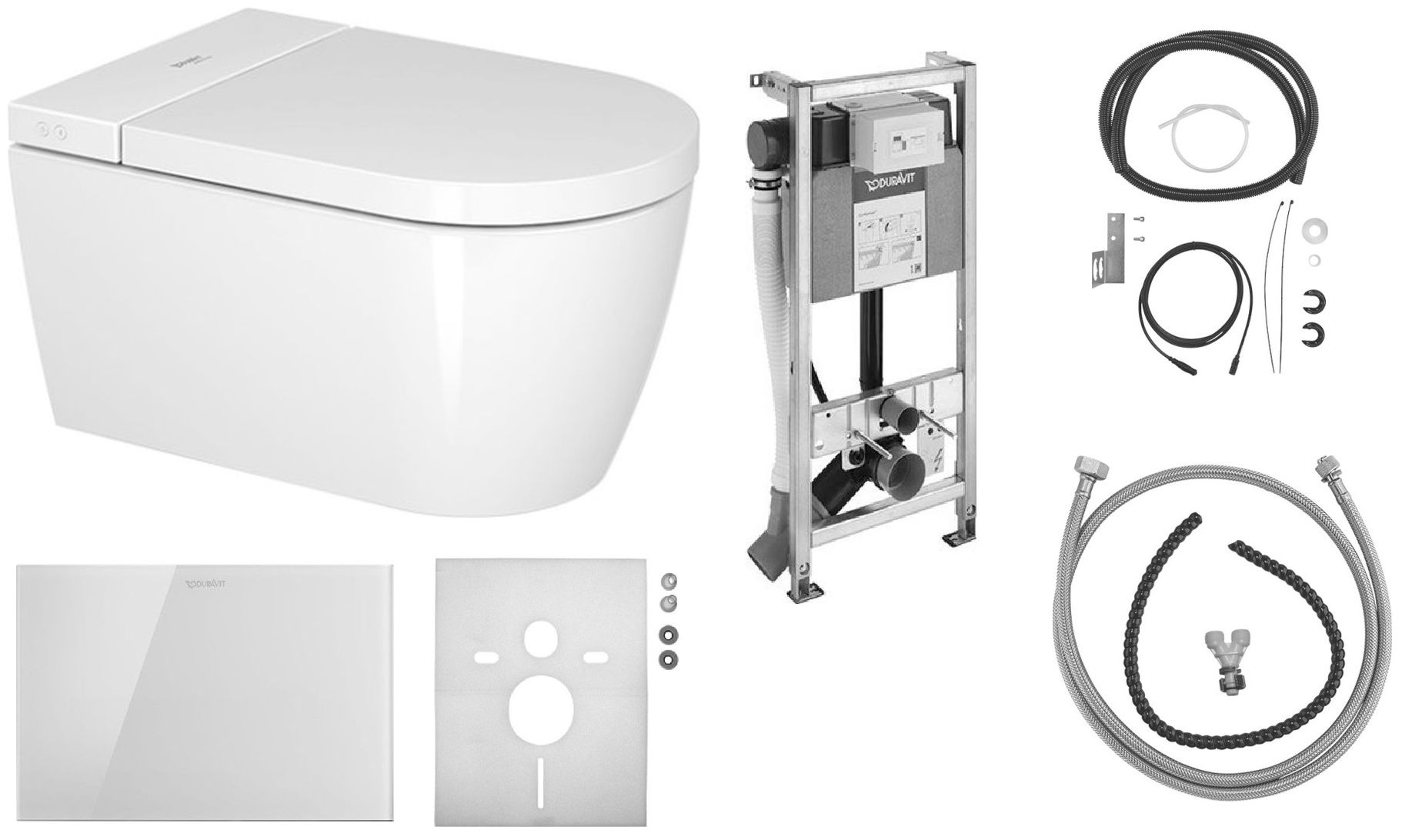 Zestaw Duravit SensoWash Strack F Plus Compact miska WC Rimless wisząca z deską sedesową myjącą i stelaż podtynkowy z przyciskiem ...