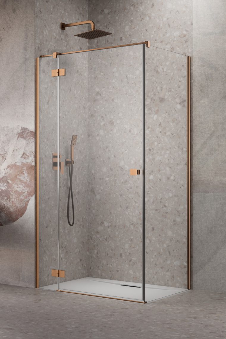 Radaway Essenza New KDJ drzwi prysznicowe 120 cm uchylne miedź szczotkowana/szkło przezroczyste 1385042-93-01L