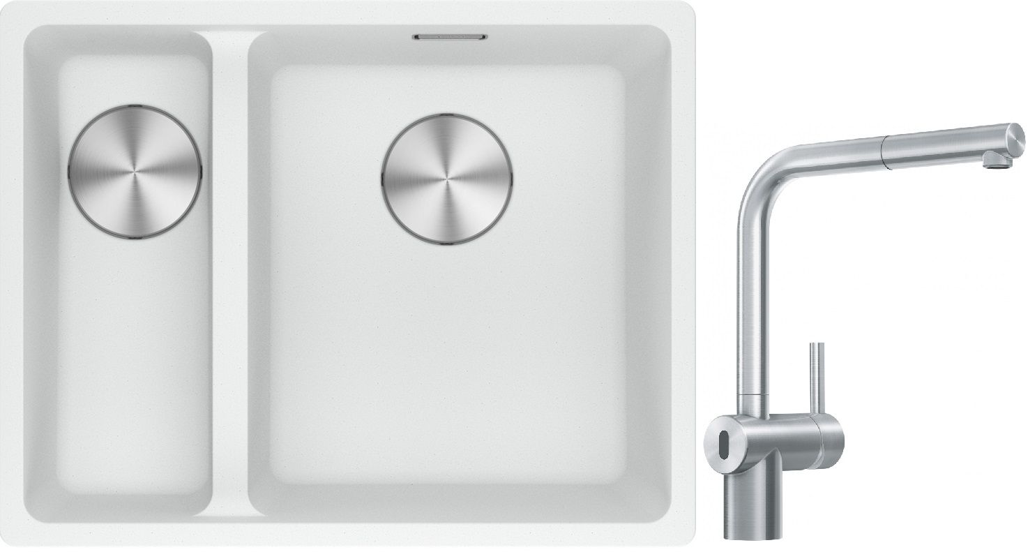 Franke Maris MRG 160-34-15SBL zlewozmywak 52x40 cm Fragranite biały polarny z baterią kuchenną Atlas Neo Sensor stal szlachetna ...