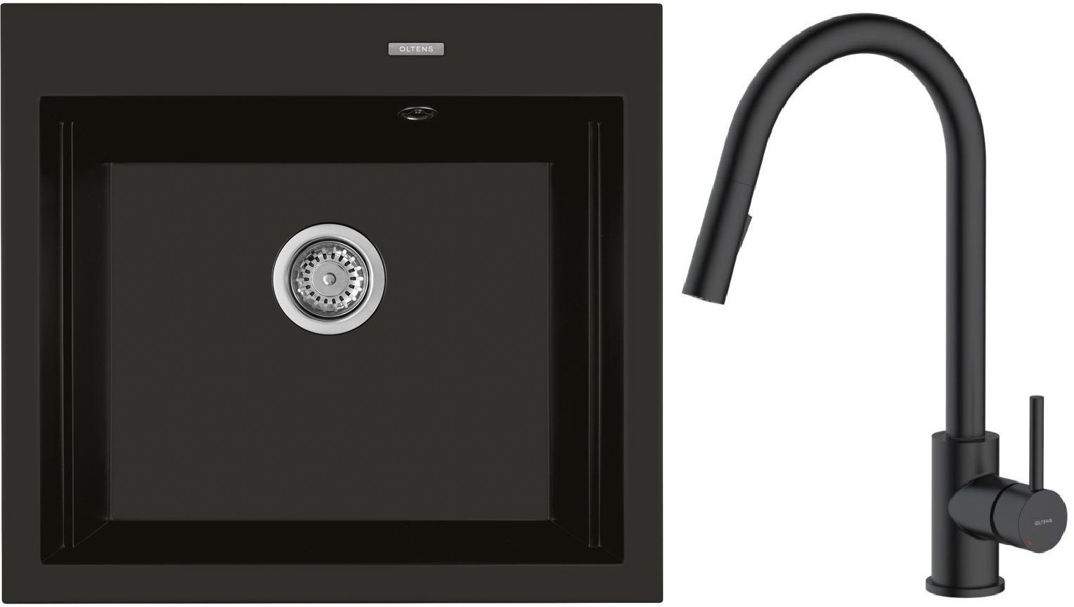 Zestaw Oltens Gravan zlewozmywak granitowy 1-komorowy 57x51,5 cm z baterią kuchenną Litla czarny mat (72000300, 35204300) - Wysyłka w 24h