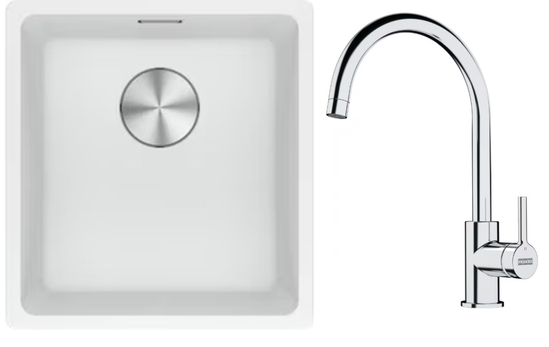 Franke Maris MRG 110-37 zlewozmywak 40x37 cm Fragranite biały polarny z baterią kuchenną Lina chrom (1250687251, 1150693228)