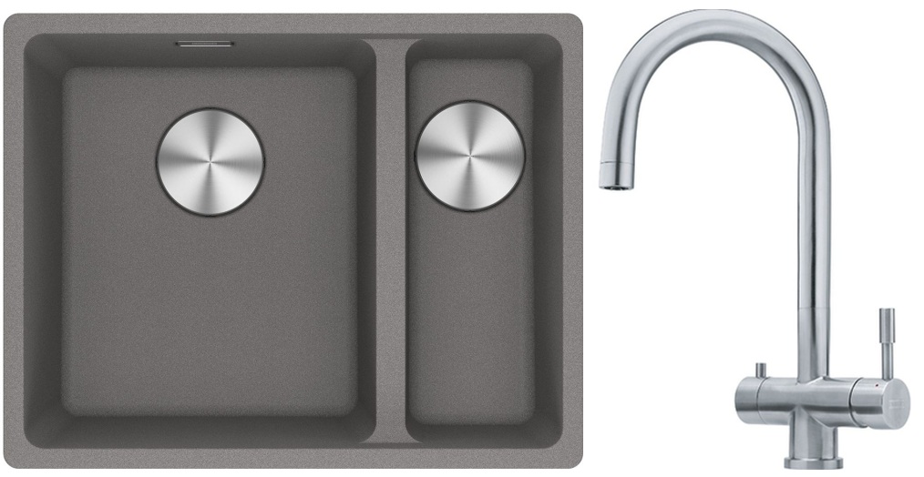 Franke Maris MRG 160-34-15SBR zlewozmywak 52x40 cm Fragranite kamienny szary z baterią kuchenną Eos stal szlachetna (1250687266, ...