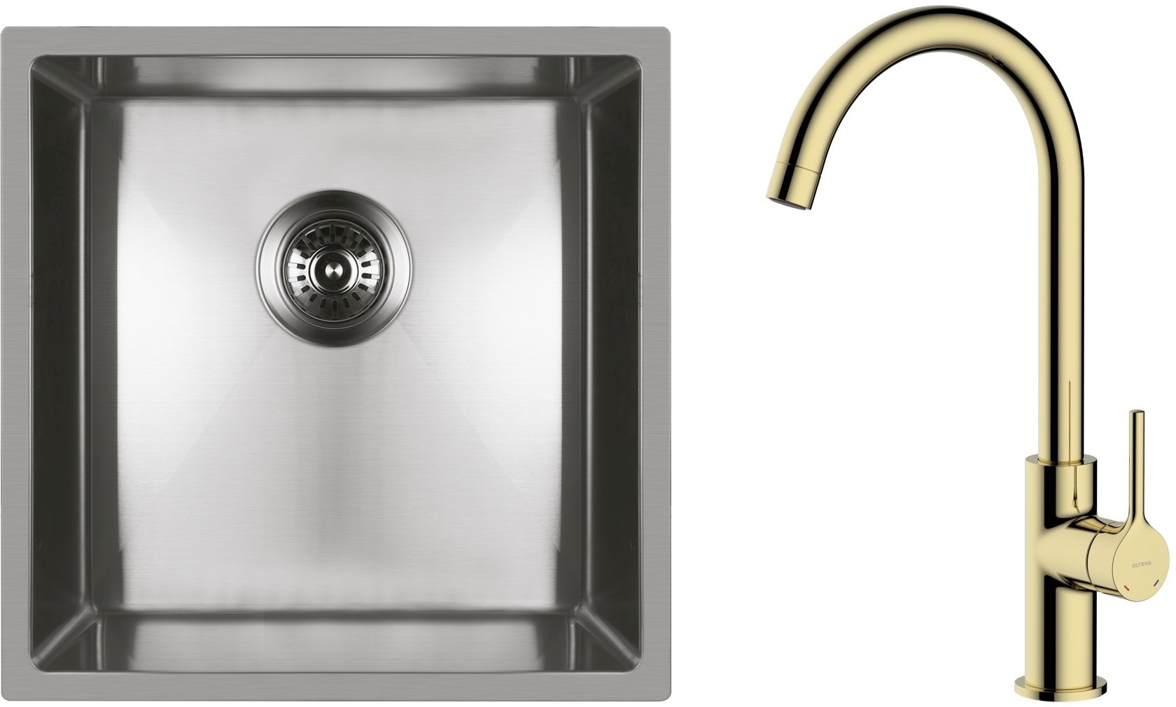 Zestaw Oltens Stalvask zlewozmywak stalowy 44x44 cm z baterią kuchenną Skafta stal polerowana/złoty połysk (71100100, 35206800) - Wysyłka w 24h