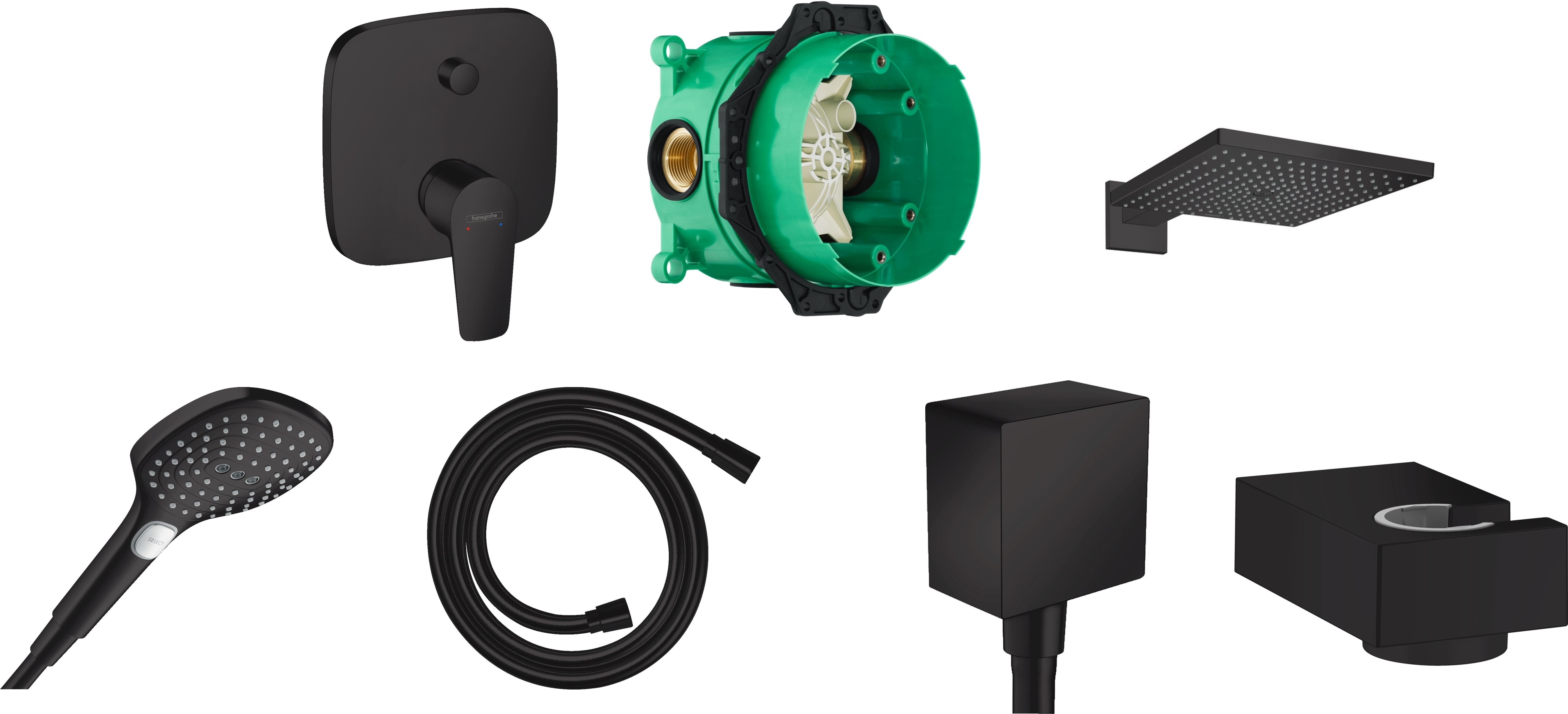 Zestaw Hansgrohe Talis E bateria wannowo-prysznicowa podtynkowa z deszczownicą, ramieniem Raindance E i zestawem natryskowym czarny mat ...