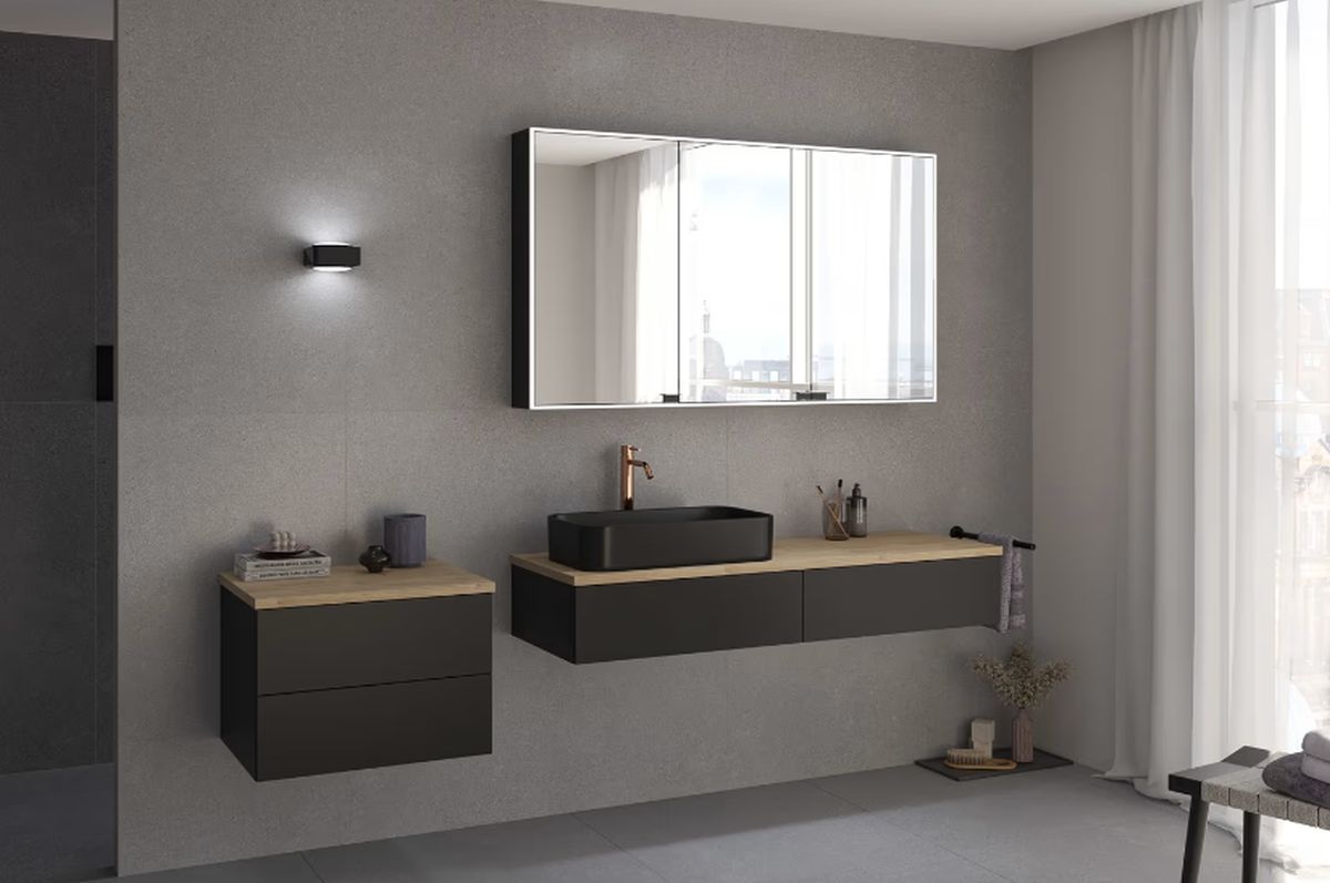 Kronenbach Cube szafka z blatem 141x48,7x23,5 cm podumywalkowa wisząca czarny mat-jasny dąb KBWTKOWTL1412SMGH