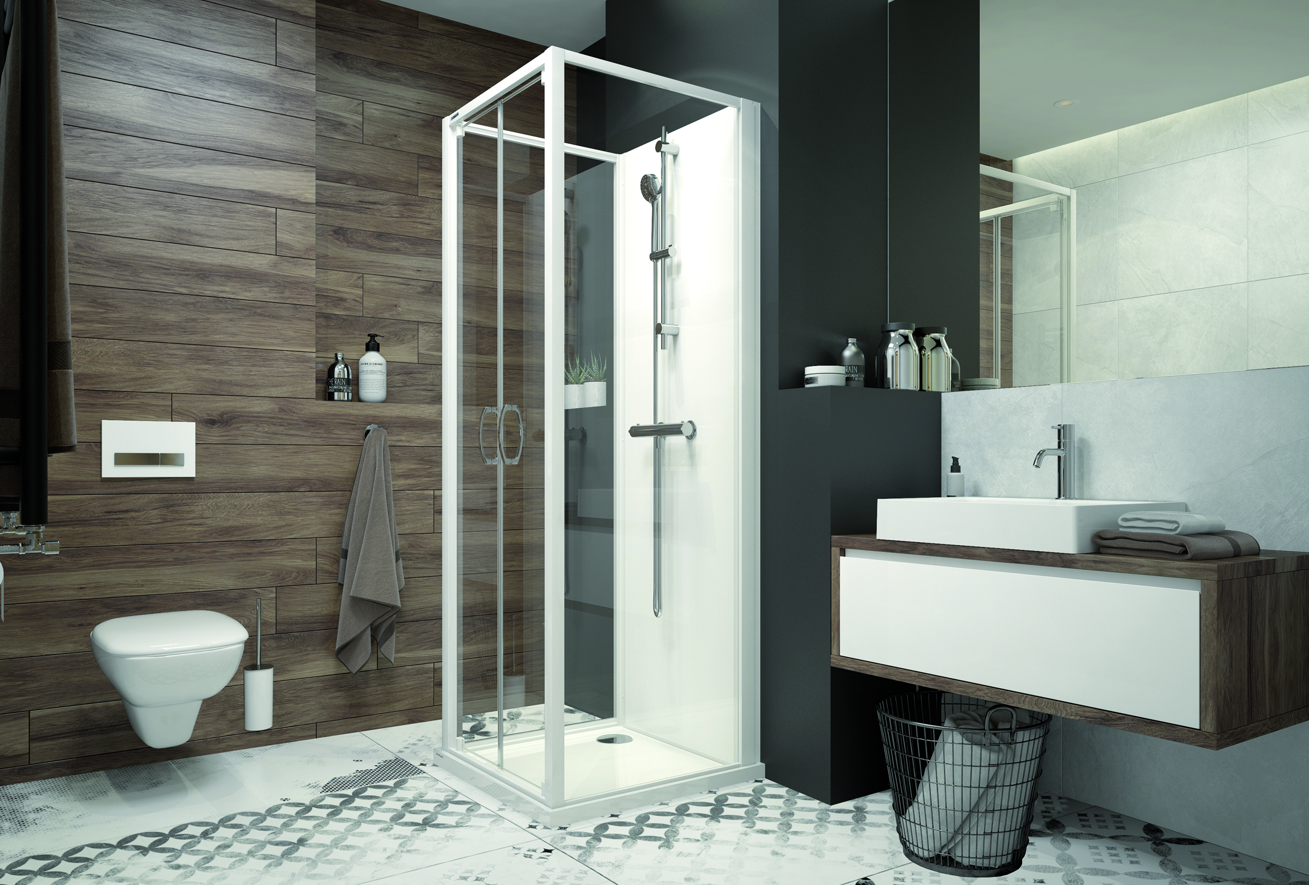 Sanplast Basic Complete Mineral kabina z brodzikiem i zestawem prysznicowym 90x90 cm kwadratowa biały połysk/szkło przezroczyste ...