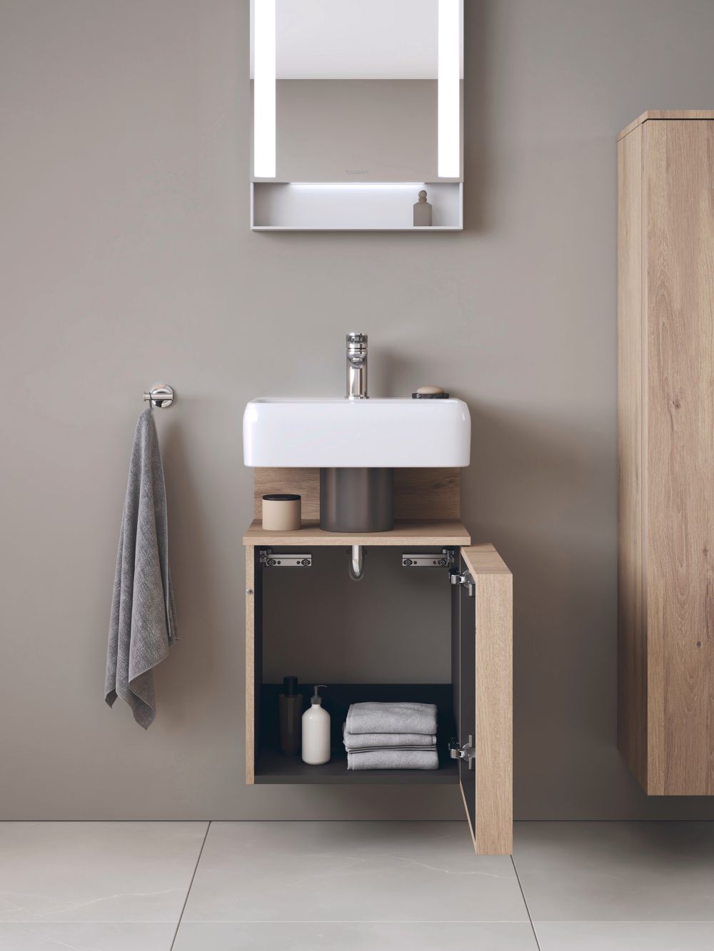 Duravit Qatego szafka 44 cm podumywalkowa wisząca lewa dąb marmurkowy mat QA4076L55550000